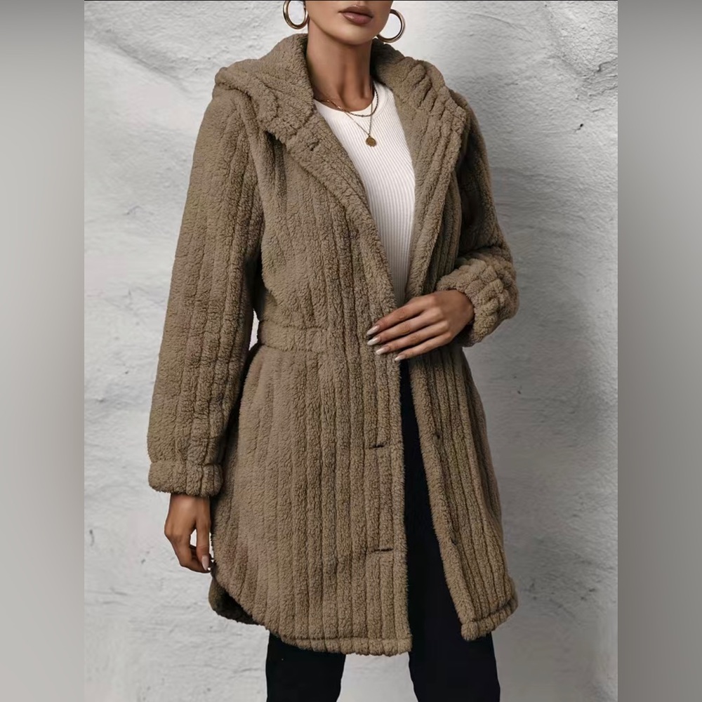 Button Front Hooded Teddy Coat, Casual Solid Long Sleeve Winter Warm Outerwear,